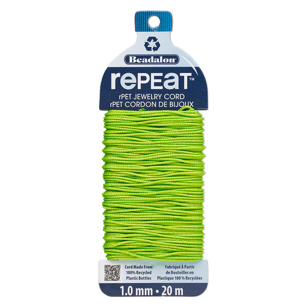 Cord, Beadalon® RePEaT™, recycled polyethylene, lime green, 1mm, 100-pound test. Sold per 20-meter card. image number 0