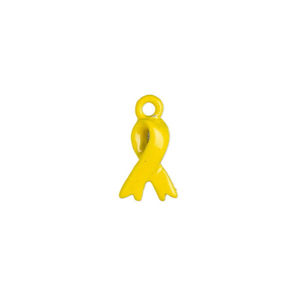 Charm, enamel and pewter (tin-based alloy), yellow, 10.5x7mm 3D awareness ribbon. Sold per pkg of 2. image number 0