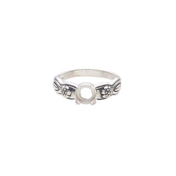 Ring, antiqued sterling silver, 7mm band with flower design and open back with 6mm round cabochon 4-prong setting, size 9. Sold individually. image number 0