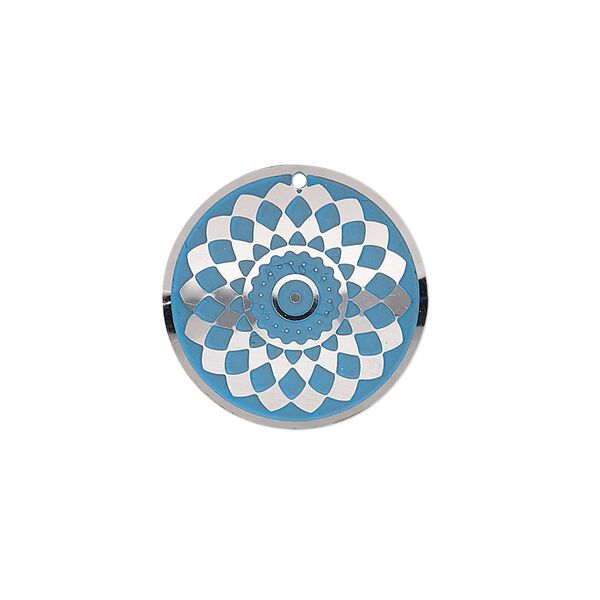 Drop, stainless steel, blue patina, 20mm single-sided domed round with diamond design. Sold per pkg of 4. image number 0