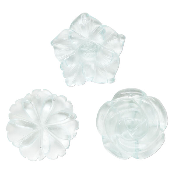 Drop mix, glass, transparent light blue, 30x25mm-30x31mm top-drilled carved flower. Sold per pkg of 3. image number 0