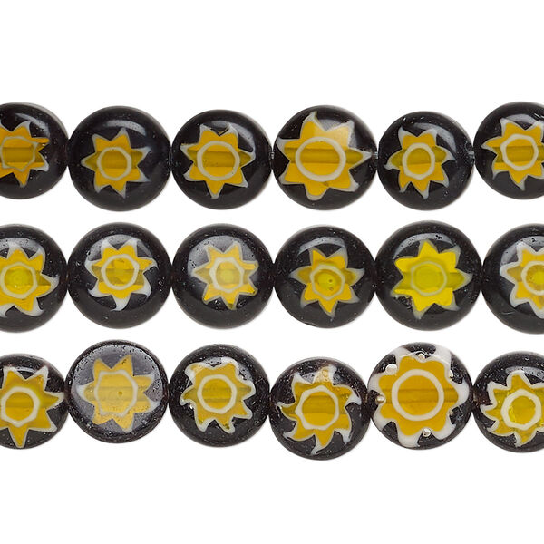 Bead mix, millefiori glass, black, yellow, orange and white, 8-9mm puffed flat round with star design. Sold per pkg of (3) 14-inch strands. image number 0