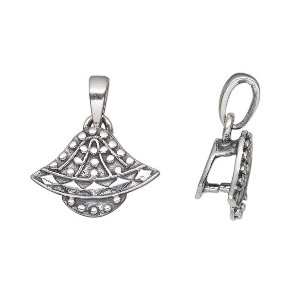 Bail, ice-pick, antiqued sterling silver, 16.5x11.5mm single-sided beaded fan, 4.5mm grip length. Sold individually. image number 0