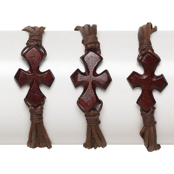 Bracelet, bone / leather (dyed) / waxed cotton cord, brown, 30x21mm cross, 7 inches with button closure. Sold per pkg of 3. image number 0
