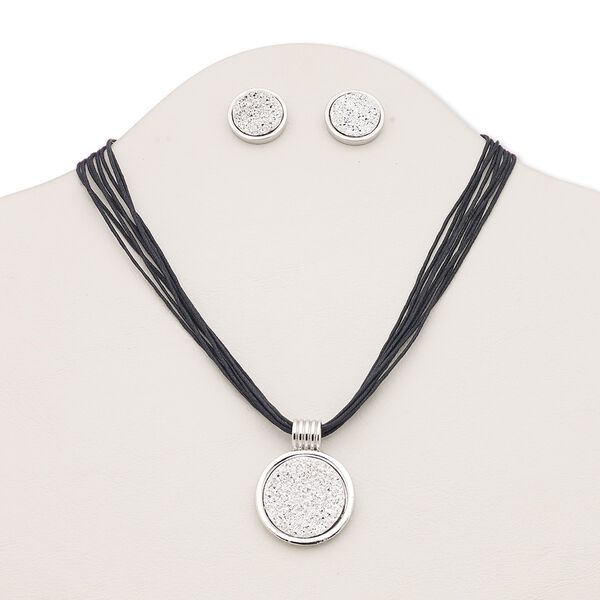 Necklace and earring set, 8-strand, druzy (imitation) / waxed cotton cord / silver-plated brass / steel / "pewter" (zinc-based alloy), silver and black, 30mm round, 16 inches with 3-inch extender chain and lobster claw clasp, 19mm round with post. Sold per set. image number 0