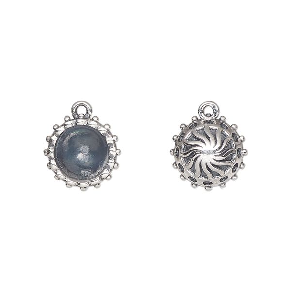 Drop, antiqued sterling silver, 11.5mm round with SS39 setting and decorative design back with beaded rim. Sold individually. image number 0