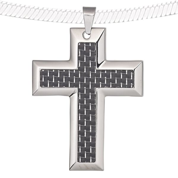 Pendant, acrylic and stainless steel, black, 55x43mm single-sided cross with weave design. Sold individually. image number 0