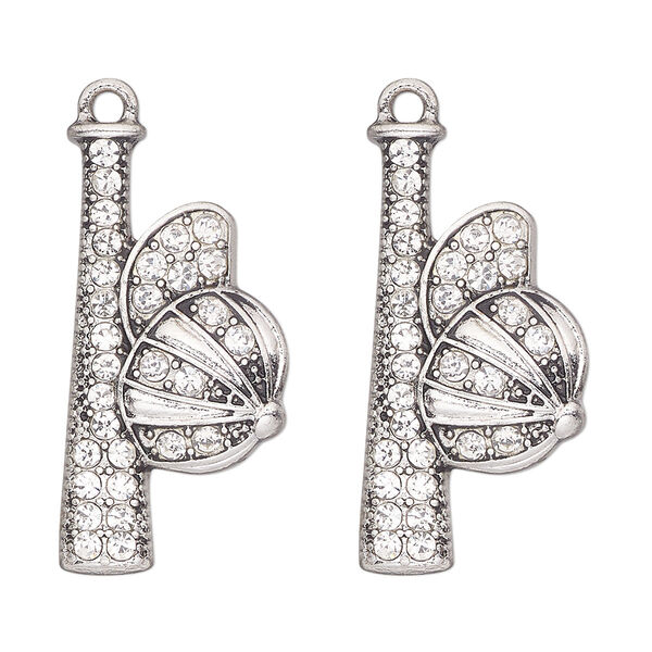 Focal, antique silver-finished "pewter" (zinc-based alloy) and glass, clear, 31x15mm single-sided baseball bat and cap. Sold per pkg of 2. image number 0