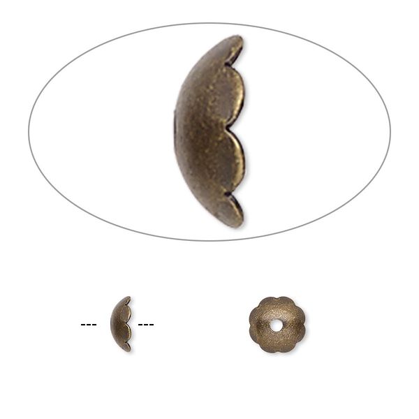 Bead cap, antique gold-plated brass, 6x2mm scalloped round, fits 6-8mm bead. Sold per pkg of 100. image number 0