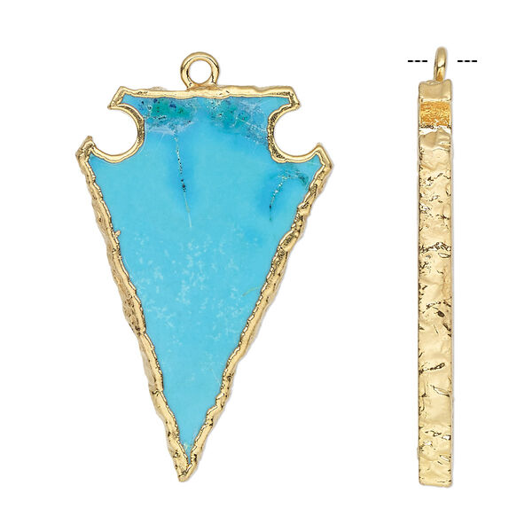 Focal, magnesite (dyed / stabilized) / electroplated gold / gold-finished sterling silver, blue, 36x22mm hand-cut arrowhead. Sold individually. image number 0