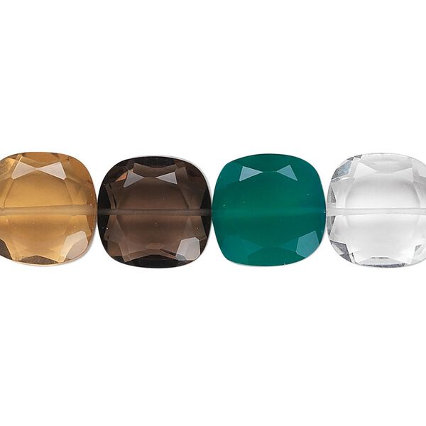 Multi-quartz / green onyx 1pkg10, hand-cut faceted puffed square bead 12mm image number 0