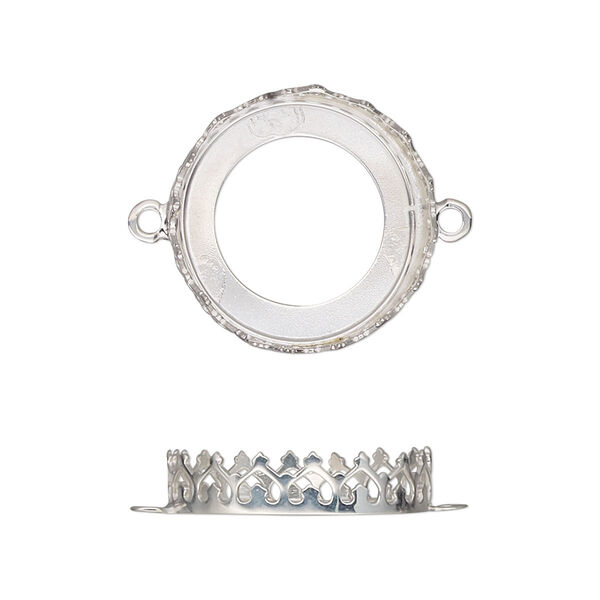 Link, sterling silver, 19mm round with decorative trim and open back with 18mm round cabochon bezel setting. Sold individually. image number 0