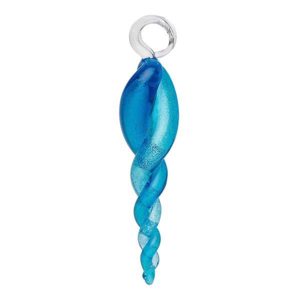 Focal, lampworked glass, light to dark blue with silver-colored foil, 84x20mm twisted teardrop. Sold individually. image number 0