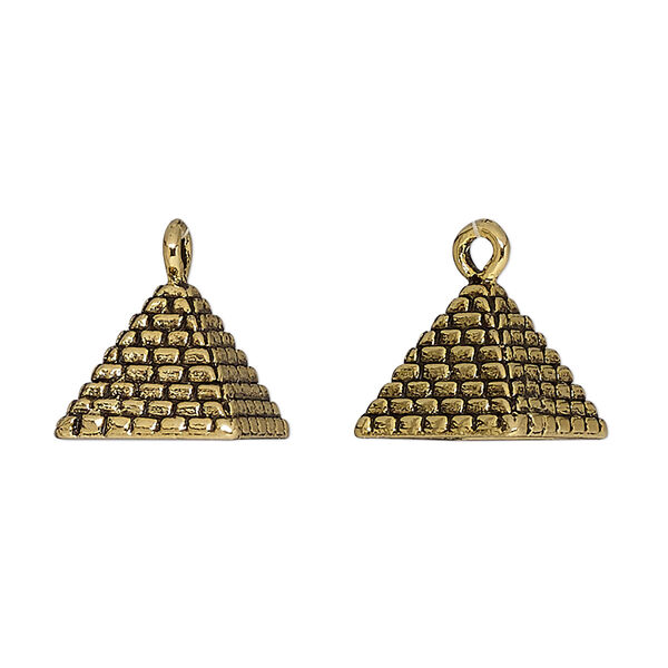 Charm, antique gold-plated pewter (tin-based alloy), 12.5x10mm 3D pyramid. Sold per pkg of 2. image number 0