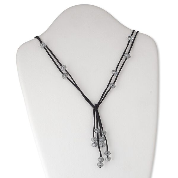 Necklace, glass and faux suede, clear and black, 10x7mm faceted rondelle, adjustable 16-32 inch knotted continuous loop. Sold individually. image number 0