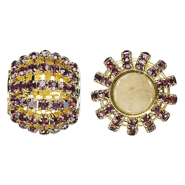 Bead, glass rhinestone and gold-finished brass, purple, 25x20mm barrel with 3mm chatons, 11.5mm hole. Sold individually. image number 0