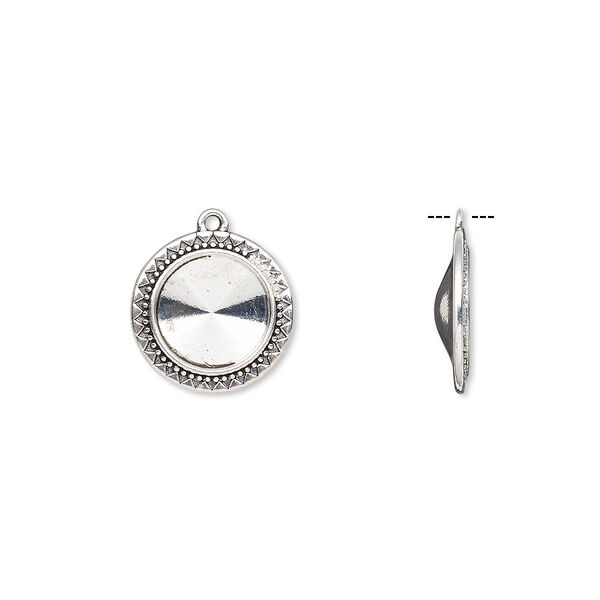 Drop, Almost Instant Jewelry®, antique silver-finished "pewter" (zinc-based alloy), 23mm round with triangle and beaded design with 16mm rivoli setting. Sold per pkg of 6. image number 0