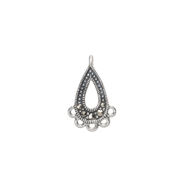 Drop, sterling silver and marcasite (natural), 15x8mm open teardrop with 5 loops. Sold individually. image number 0