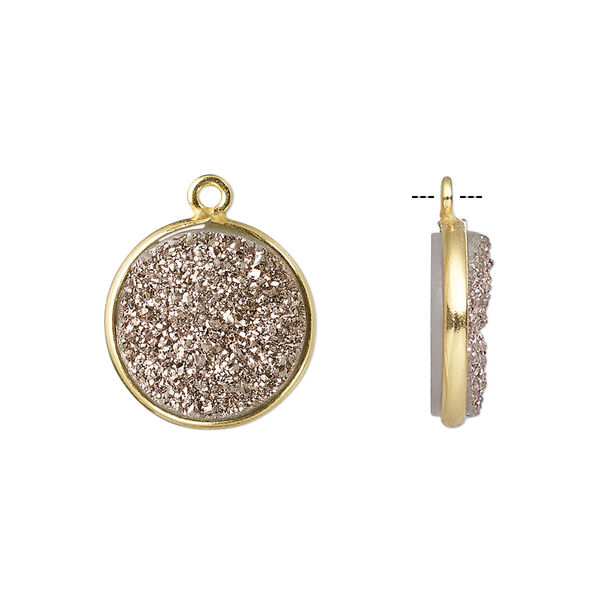 Druzy agate / sterling silver 1pkg1, hand-cut flat round drop titanium-coated rose gold / electro-coated gold-finished 15mm image number 0