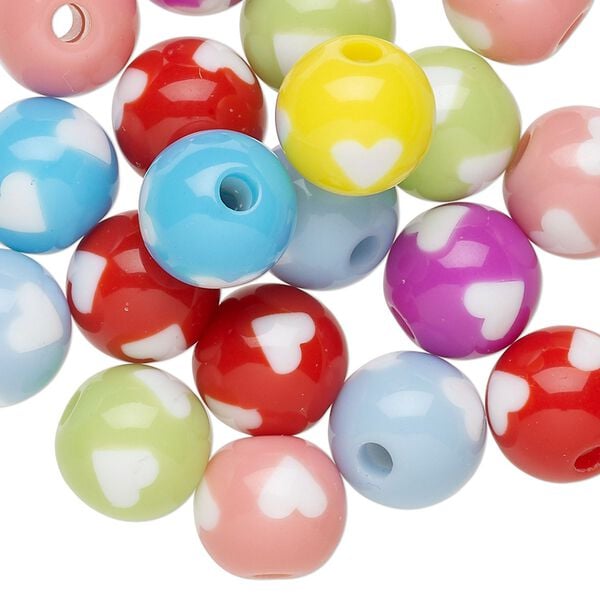 Bead mix, resin, multicolored, 11mm round with heart design. Sold per pkg of 20. image number 0