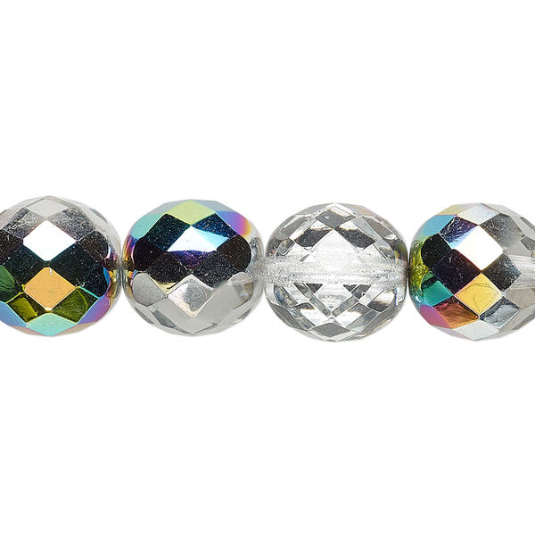 Bead, Czech fire-polished glass, pkg/15-1/2 to 16 inches, 12mm faceted round, clear vitrail, (00030-28101). image number 0