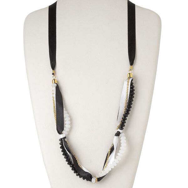 Necklace, satin / acrylic / gold-finished steel, white and black, 8x5mm faceted rondelle, 30-inch continuous loop. Sold individually. image number 0