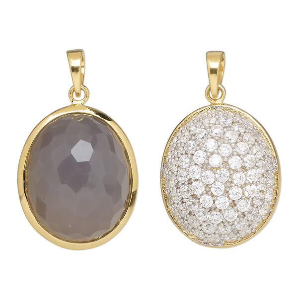 Pendant, Create Compliments®, cubic zirconia / grey chalcedony (natural) / gold-finished sterling silver, clear, 21x17.5mm two-sided faceted oval ball. Sold individually. image number 0