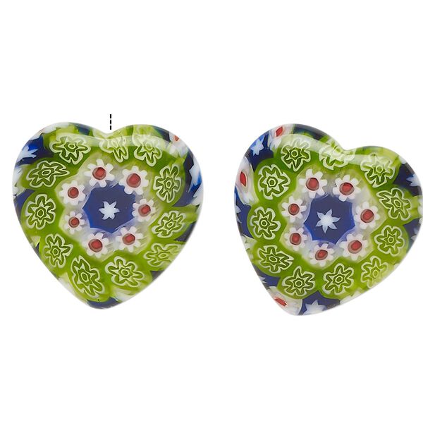 Bead, millefiori glass, translucent mixed colors, 19mm half-drilled puffed heart with star and flower design, 0.6-0.8mm hole. Sold per pkg of 2. image number 0