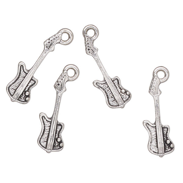 Charm, antique silver-finished "pewter" (zinc-based alloy), 21x8mm guitar. Sold per pkg of 4. image number 0