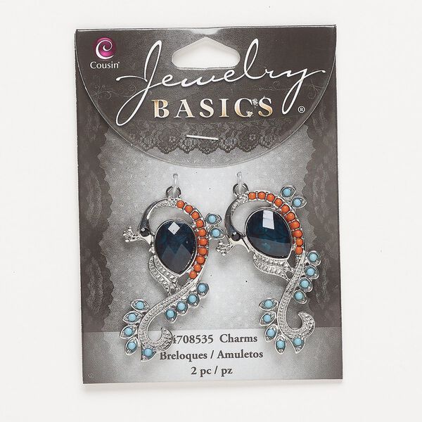 Focal, silver-finished "pewter" (zinc-based alloy) / acrylic / glass, dark blue / orange / blue / black, 44.5x27.5mm single-sided peacock. Sold per pkg of 2. image number 0