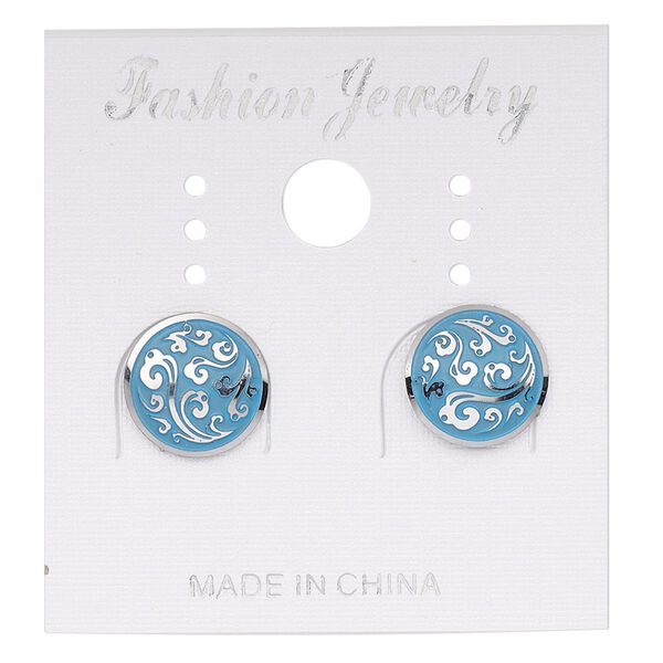 Earstud, stainless steel, blue patina, 10mm round with fancy swirl design. Sold per pair. image number 0