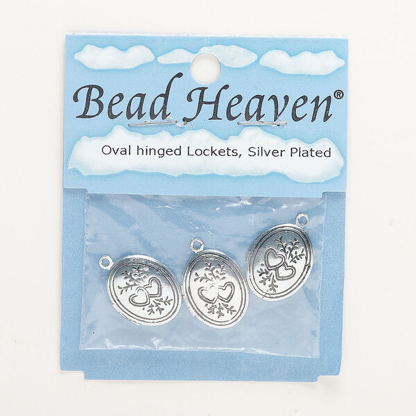 Locket, antique silver-finished "pewter" (zinc-based alloy), 21x17mm oval with hearts and lines. Sold per pkg of 3. image number 0