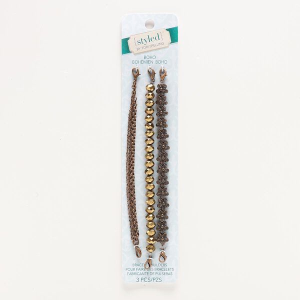 Bracelet component, acrylic / antiqued copper-finished steel / "pewter" (zinc-based alloy), metallic antique copper and gold, 6mm wide 3-strand / 8x6mm faceted rondelle / 10x10mm flower, 6 inches with lobster claw clasp. Sold per pkg of 3. image number 0