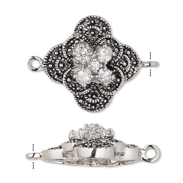 Link, cubic zirconia and antique silver-plated bronze, clear, 24x24mm single-sided fancy flower with 4x3mm faceted oval and 2mm faceted round. Sold individually. image number 0