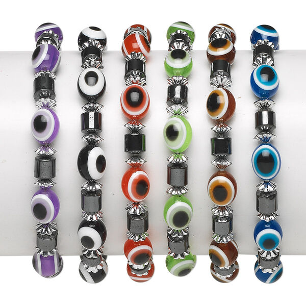 Hemalyke™ / resin 1pkg6, evil eye oval stretch bracelet mix 5.5 inch image number 0