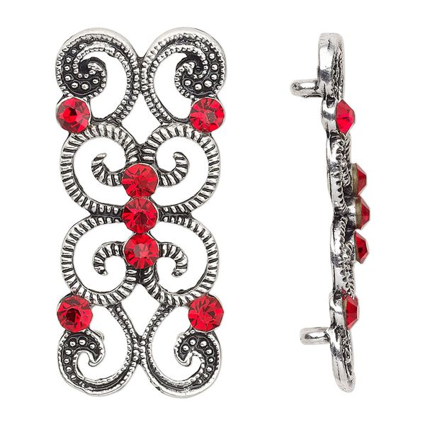 Spacer, antiqued silver-finished "pewter" (zinc-based alloy) and Czech glass rhinestone, light Siam, 37x16mm 2-strand fancy rectangle. Sold per pkg of 4. image number 0