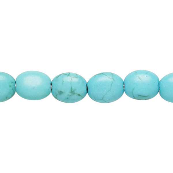 Bead, magnesite (dyed / stabilized), light blue, 9x8mm-10x8mm puffed oval, C grade, Mohs hardness 3-1/2 to 4. Sold per 15-inch strand. image number 0