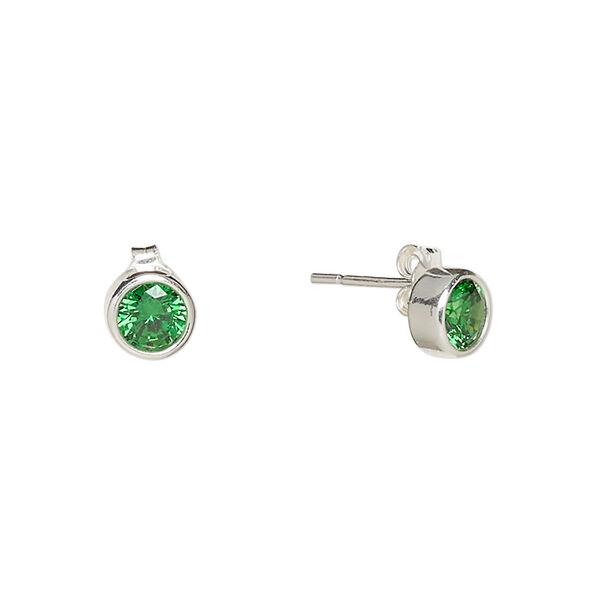 Earstud, Create Compliments®, cubic zirconia and sterling silver, emerald green, 6.5mm round. Sold per pair. image number 0