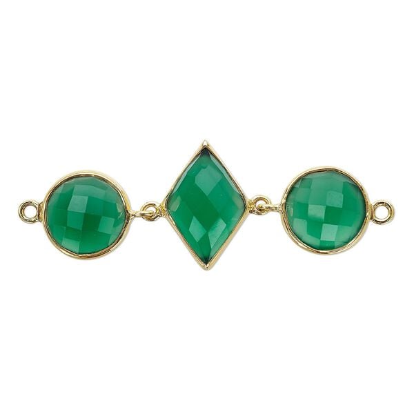 Link, green onyx (dyed) and gold-finished sterling silver, 40x16mm single-sided with 16x11mm faceted diamond and 11mm faceted round. Sold individually. image number 0