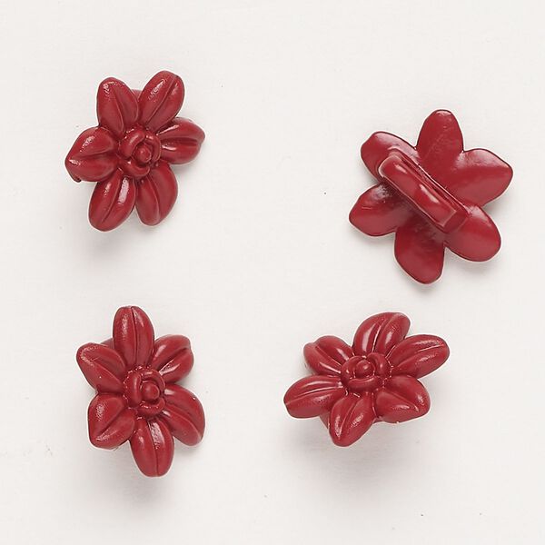 Spacer bar, "pewter" (zinc-based alloy) and enamel, dark red, 14x12mm 2-strand flower, fits up to 4mm beads. Sold per pkg of 4. image number 0