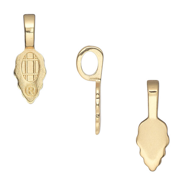 Bail, Aanraku®, glue-on, gold-plated "pewter" (zinc-based alloy), 21.5x7mm with 12x7mm leaf flat base. Sold per pkg of 5. image number 0