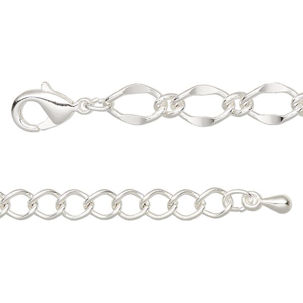 Chain, silver-finished brass and steel, 6mm long and short oval, 18 inches with 2-inch extender chain and lobster claw clasp. Sold individually. image number 0