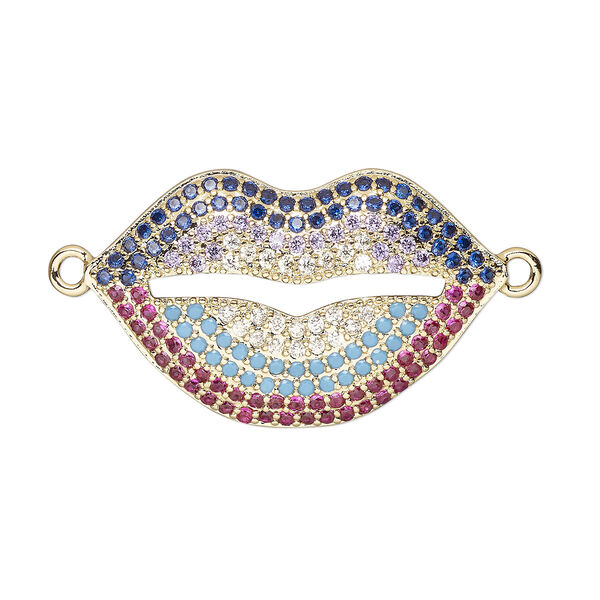 Link, cubic zirconia and gold-finished brass, multicolored, 26x16mm single-sided lips. Sold individually. image number 0