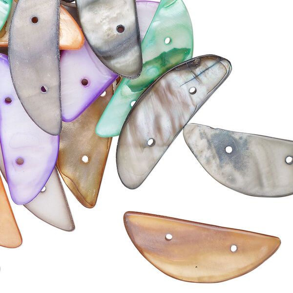 Bead mix, spacer, 2-strand, mother-of-pearl shell (dyed), mixed colors, 36x12mm-41x15mm half-moon, fits up to 15mm beads, Mohs hardness 3-1/2. Sold per 2-ounce pkg, approximately 25 beads. image number 0