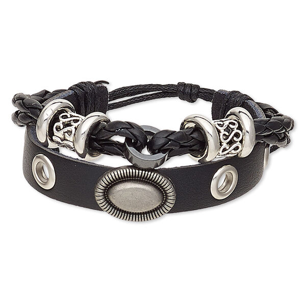 Bracelet, 2-strand, Hemalyke™ (man-made) / leather (dyed) / antique silver-plated "pewter" (zinc-based alloy), black, 26mm wide, adjustable from 6-7 inches with macramé knot closure. Sold individually. image number 0