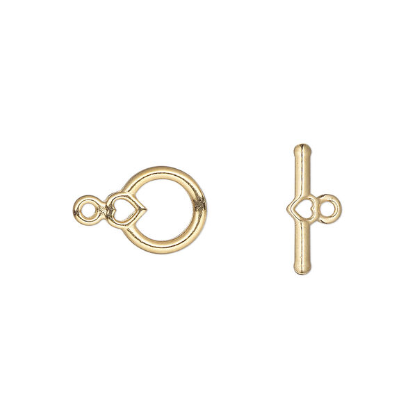 Clasp, toggle, gold-plated "pewter" (zinc-based alloy), 10x9mm round with heart. Sold per pkg of 10. image number 0