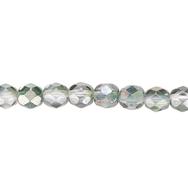 Bead, Czech fire-polished glass, green and grey luster, 6mm faceted round. Sold per 15-1/2" to 16" strand. image number 0