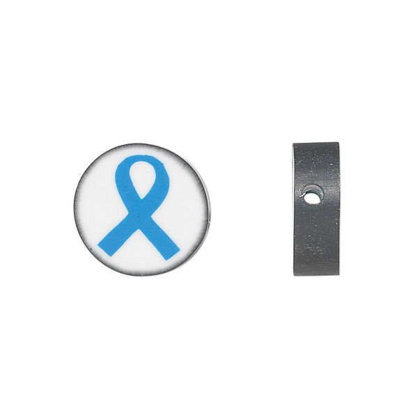 Bead, polymer clay, white / black / light blue, 14mm double-sided flat round with awareness ribbon. Sold per pkg of 30. image number 0
