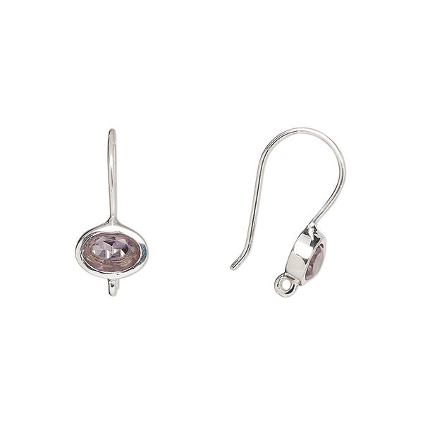 Ear wire, amethyst (natural) and sterling silver, 15.5mm fishhook with 7.5mm oval and closed loop, 22 gauge. Sold per pair. image number 0