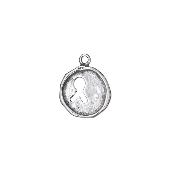 Drop, antiqued sterling silver, 12-13mm single-sided irregular round with cutout awareness ribbon. Sold individually. image number 0